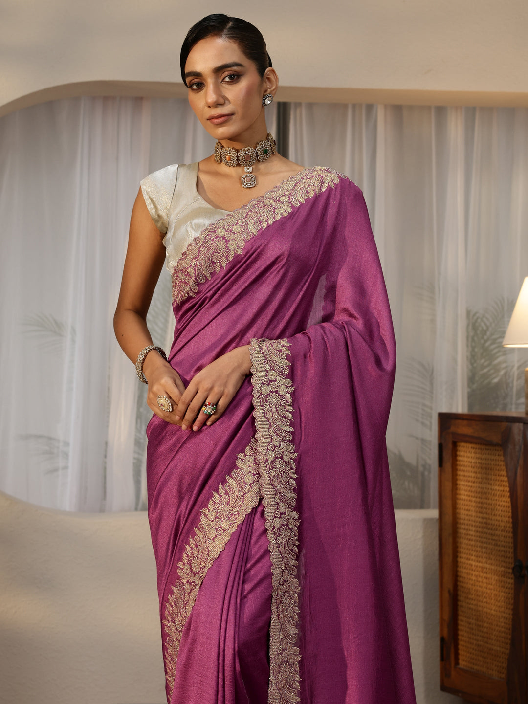  Mauve Silk Blend Saree with Embellished Border 