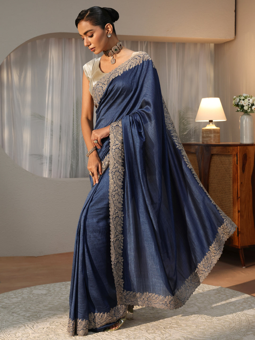  Dusty Blue Silk Blend Saree with Embellished Border 
