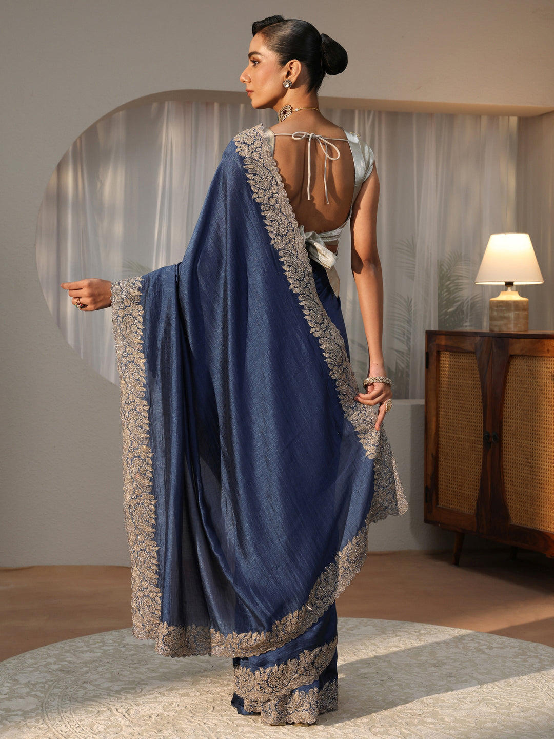  Dusty Blue Silk Blend Saree with Embellished Border 