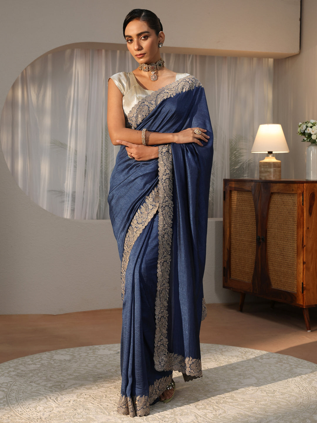  Dusty Blue Silk Blend Saree with Embellished Border 