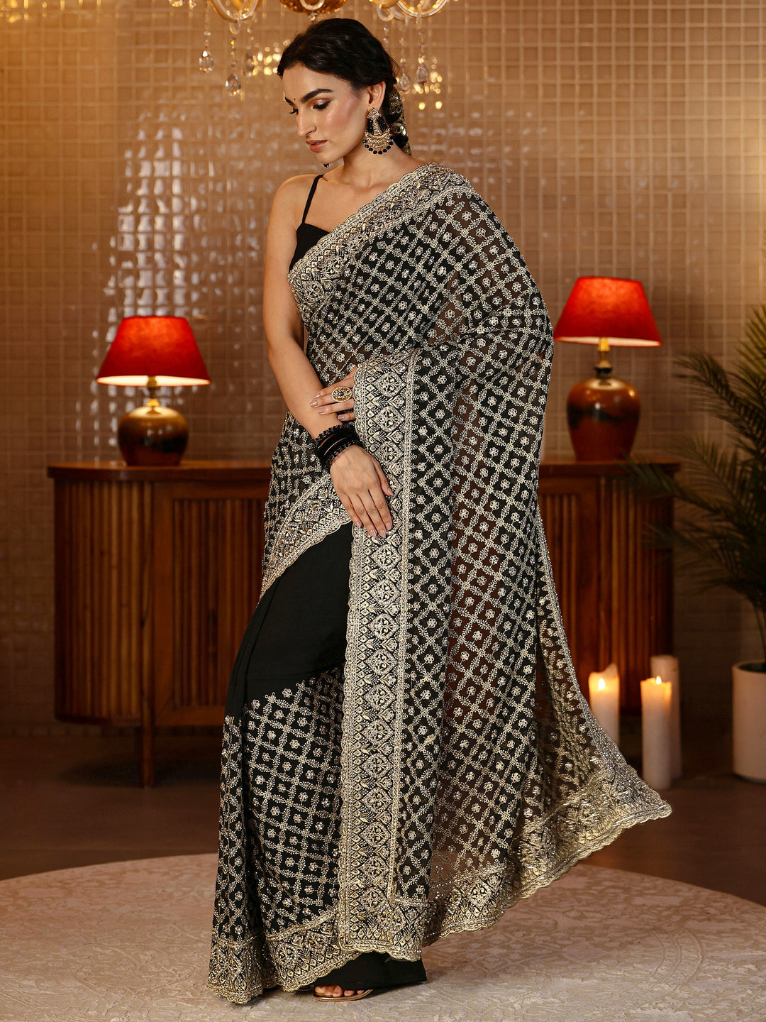  Black Floral Embroidered Georgette Saree 