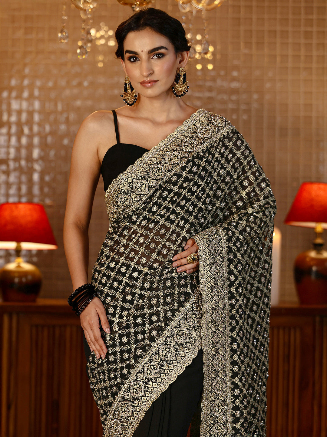  Black Floral Embroidered Georgette Saree 