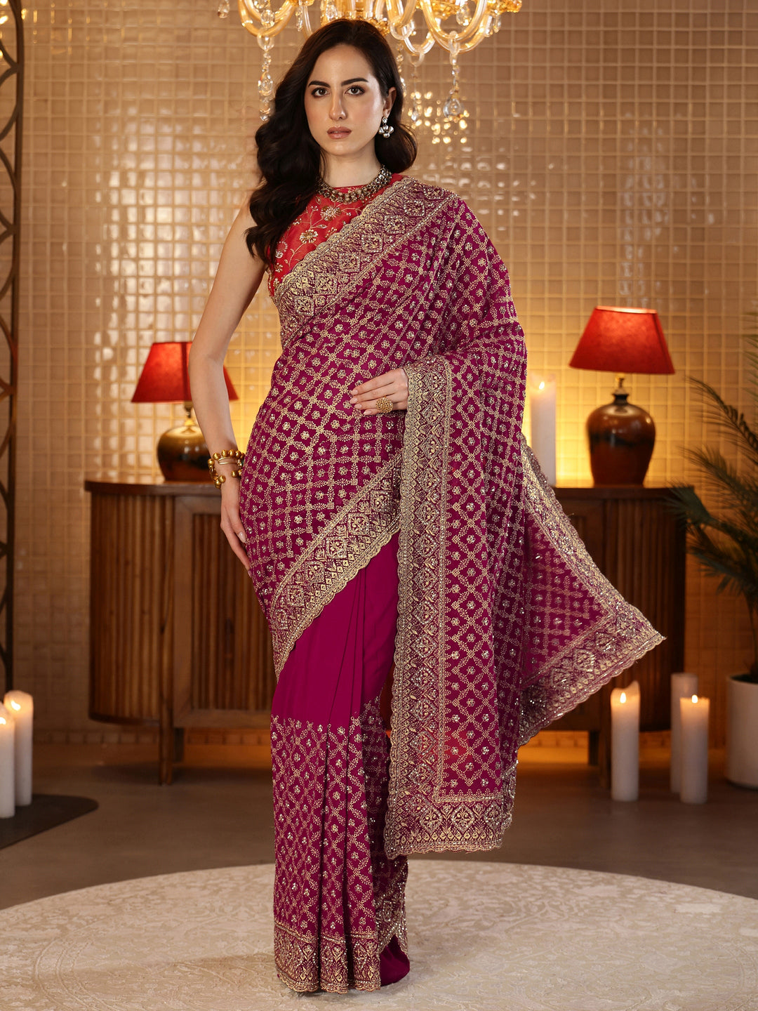  Magenta Pink Floral Embroidered Georgette Saree 