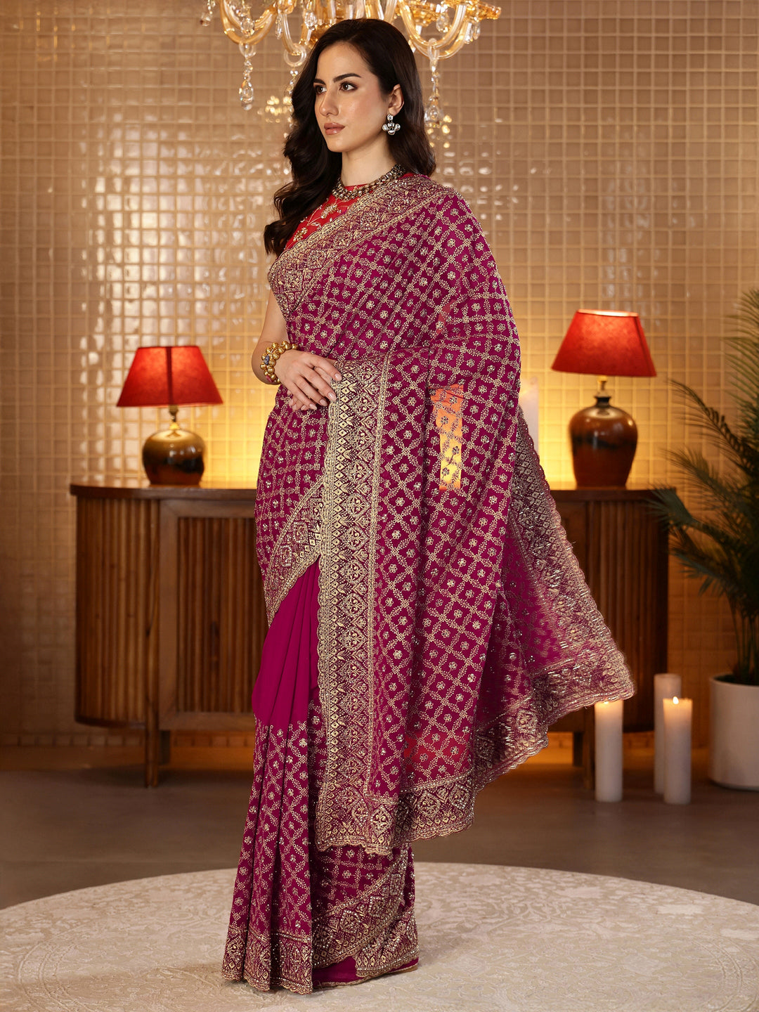  Magenta Pink Floral Embroidered Georgette Saree 