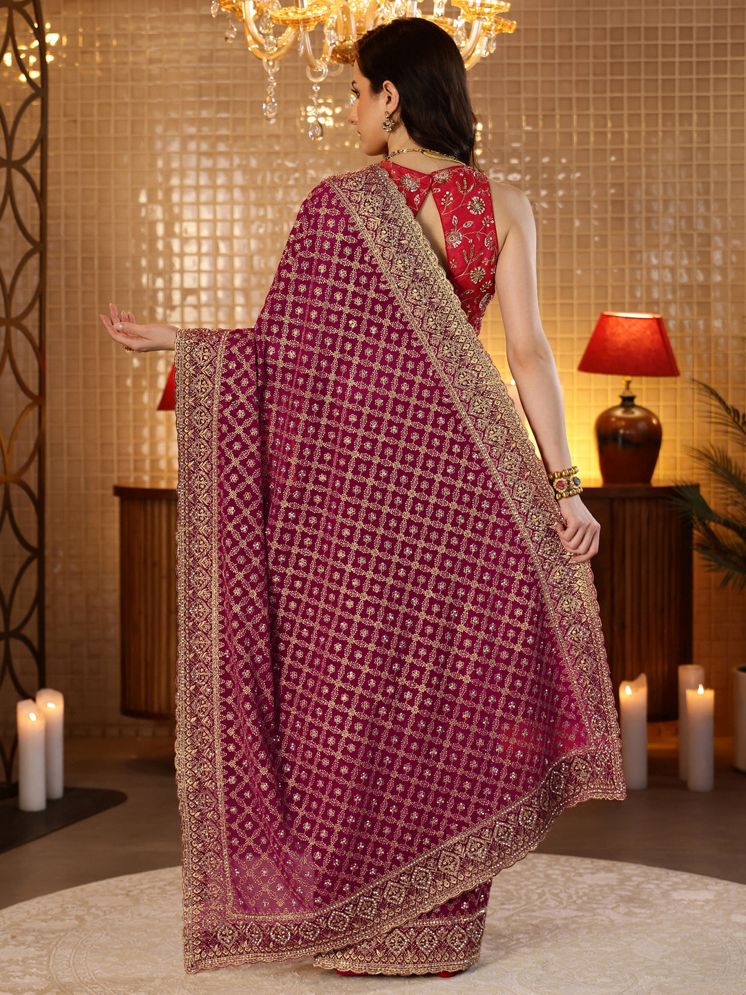  Magenta Pink Floral Embroidered Georgette Saree 