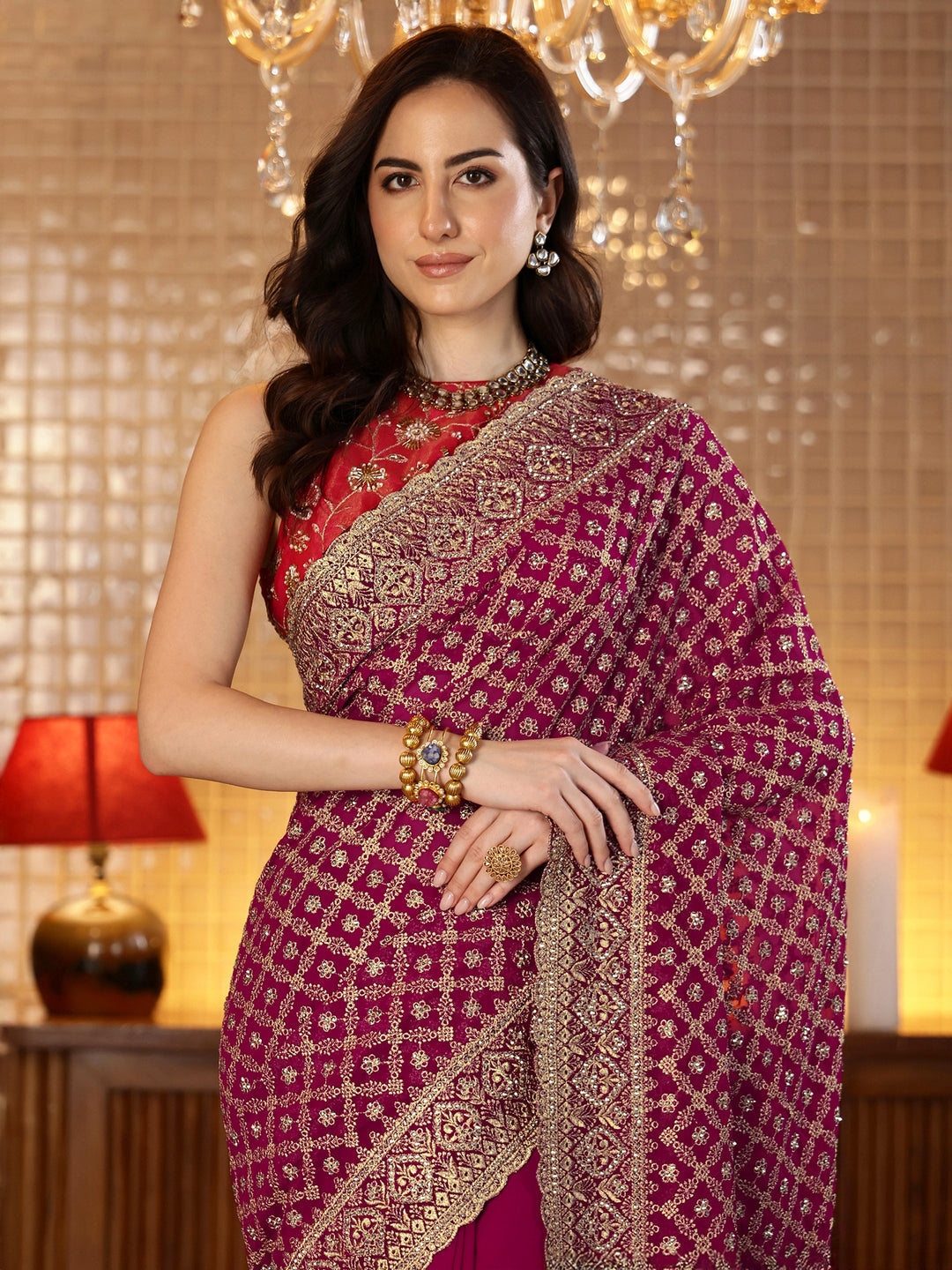  Magenta Pink Floral Embroidered Georgette Saree 