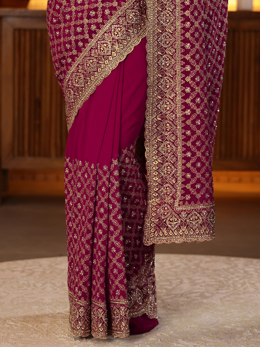  Magenta Pink Floral Embroidered Georgette Saree 