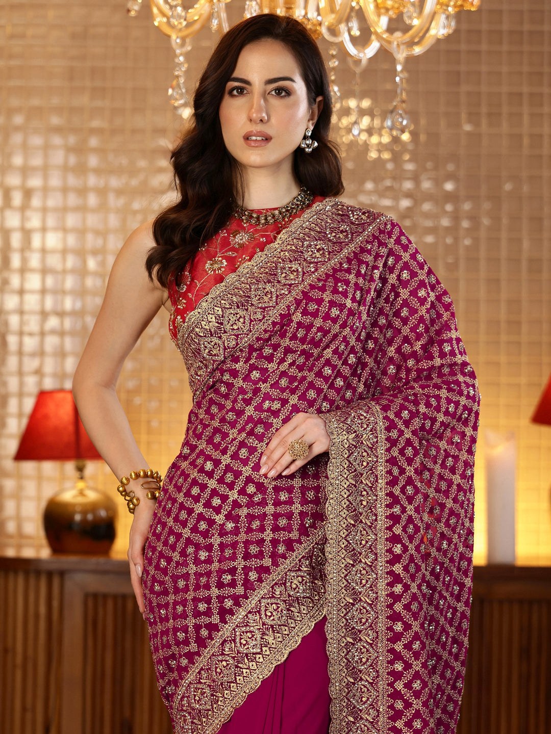  Magenta Pink Floral Embroidered Georgette Saree 