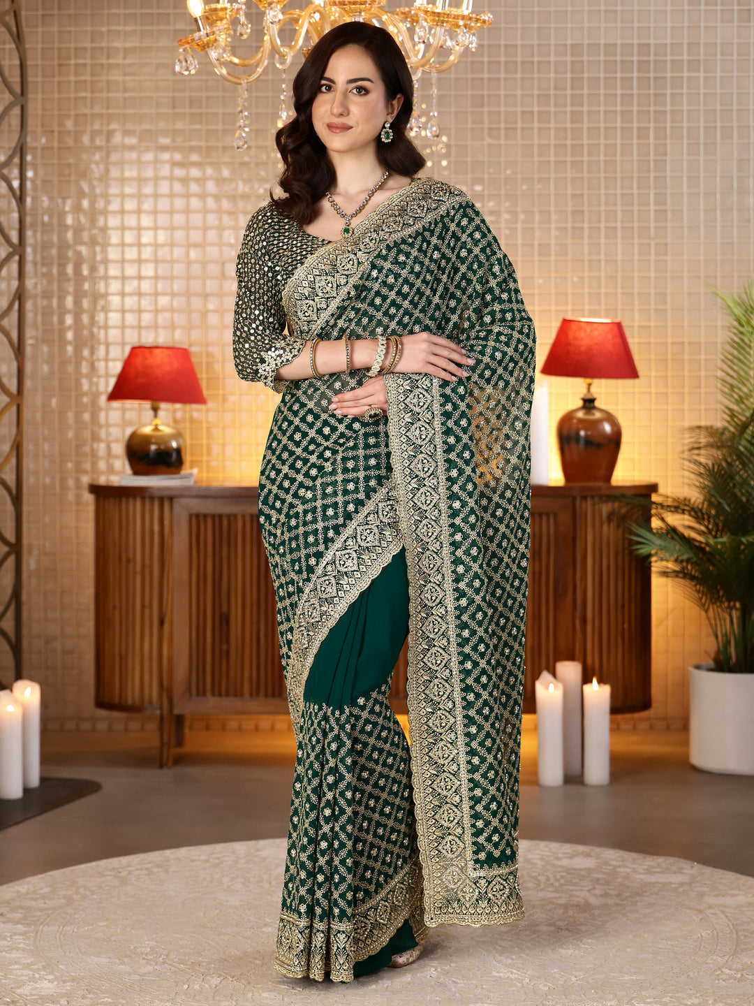  Green Georgette Saree with Embroidered Border 