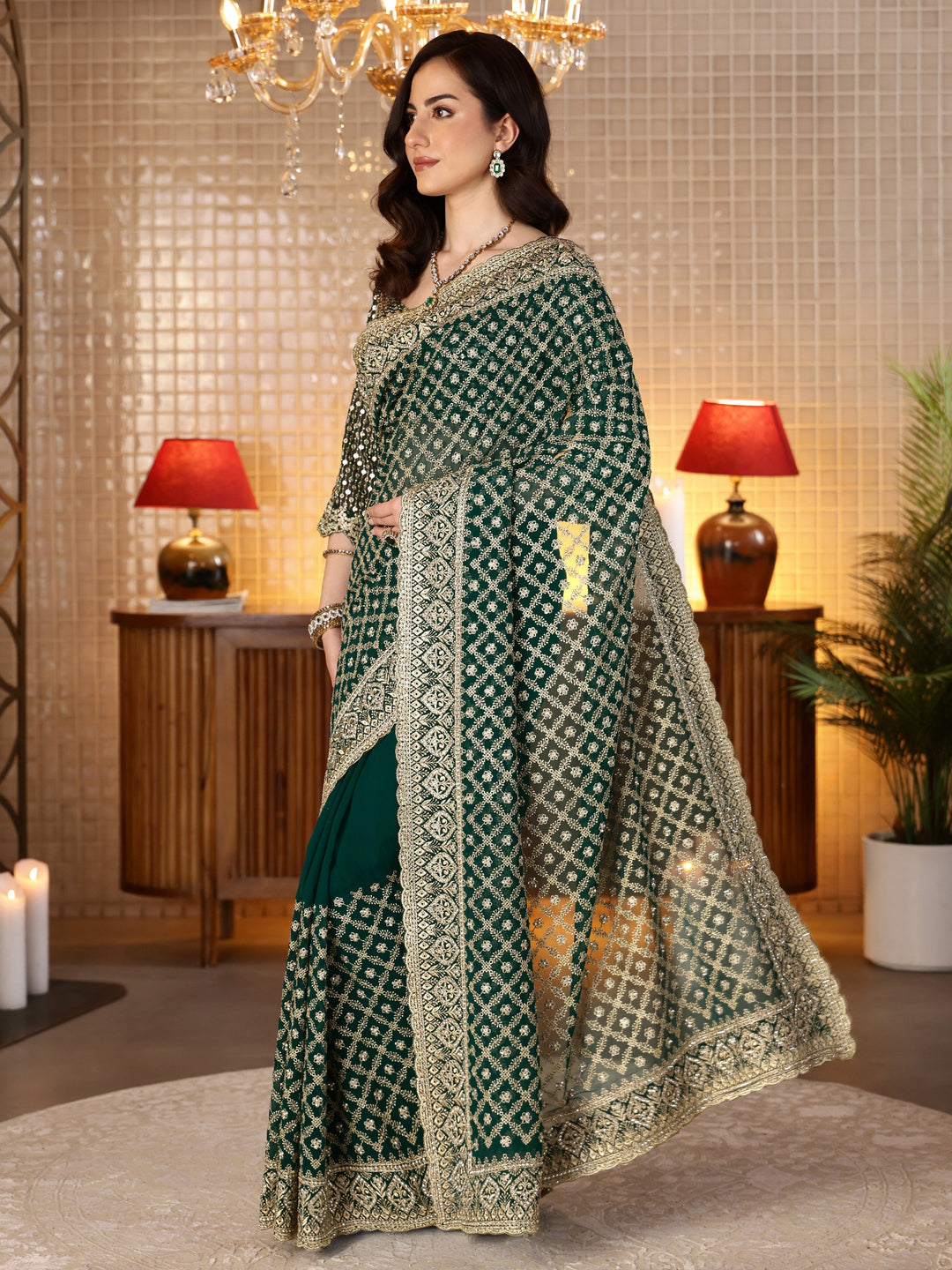  Green Georgette Saree with Embroidered Border 