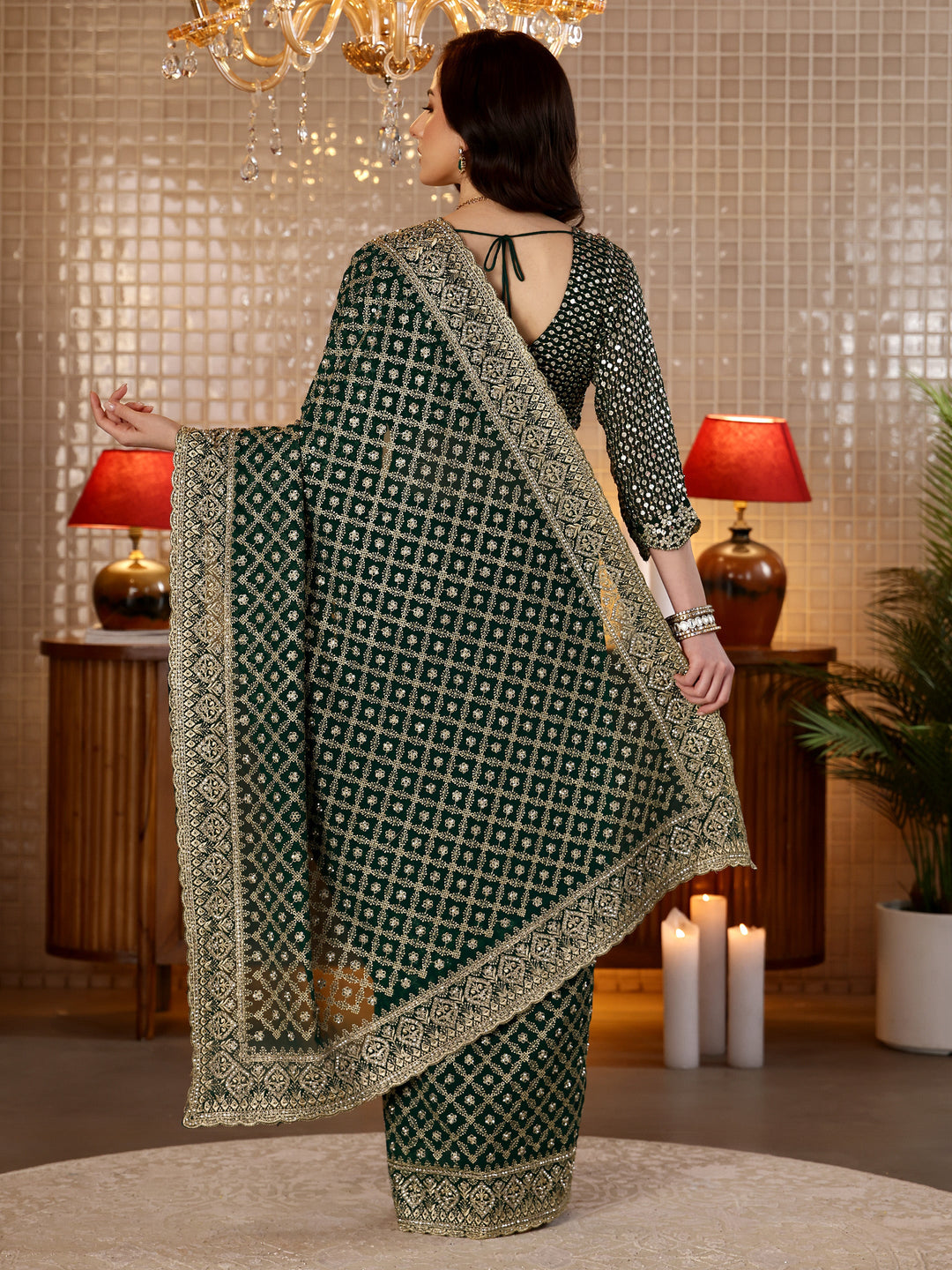  Green Georgette Saree with Embroidered Border 