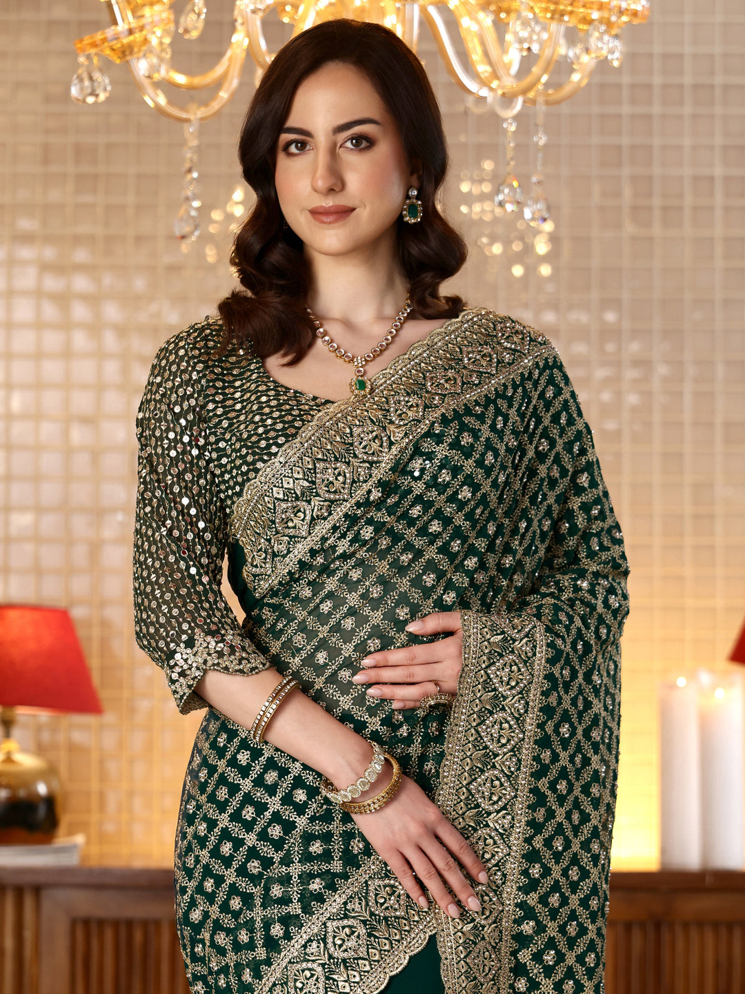  Green Georgette Saree with Embroidered Border 