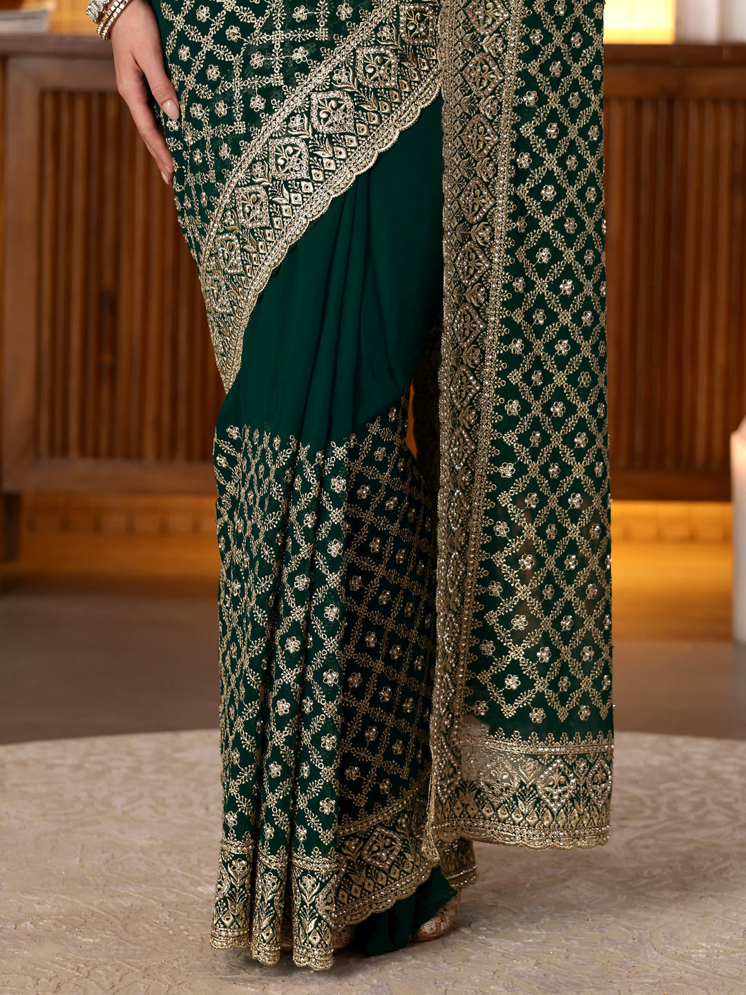  Green Georgette Saree with Embroidered Border 