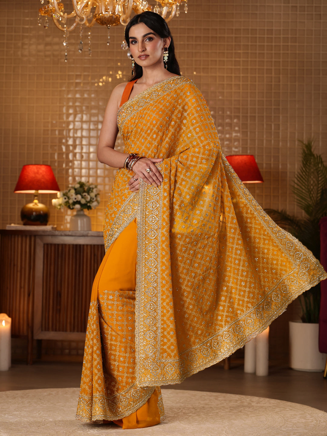  Mustard Floral Embroidered Satin Saree 