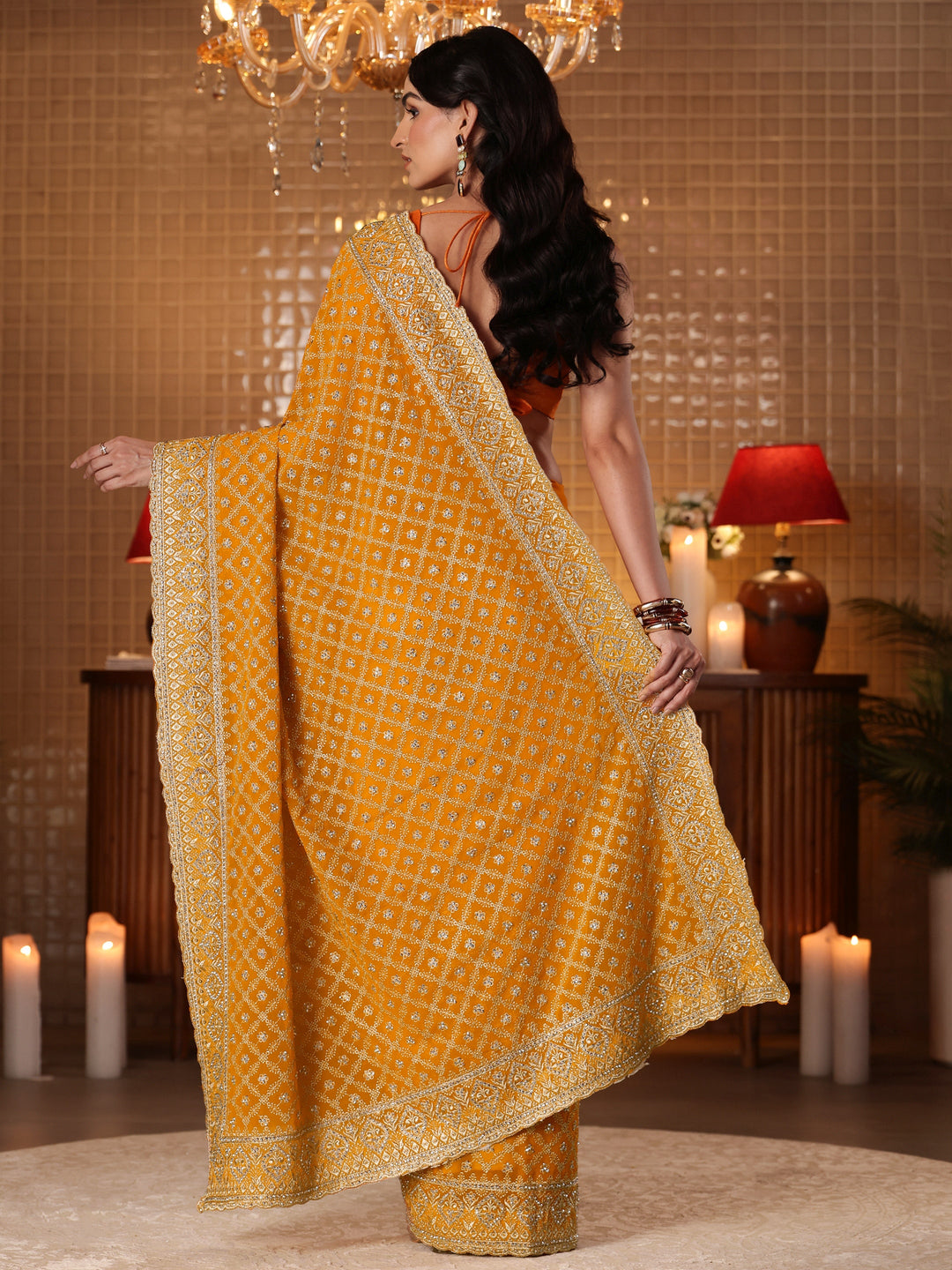  Mustard Floral Embroidered Satin Saree 