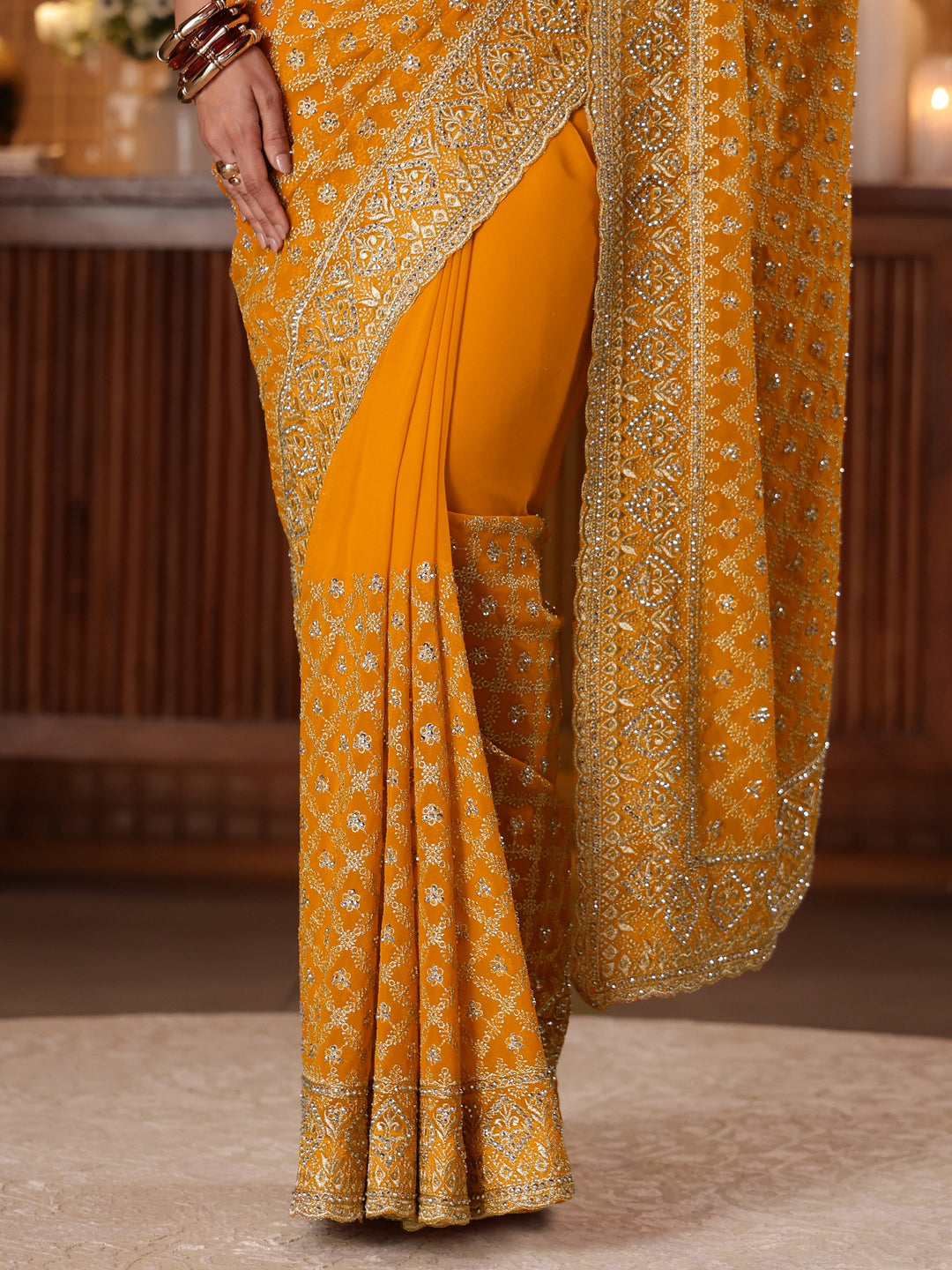  Mustard Floral Embroidered Satin Saree 