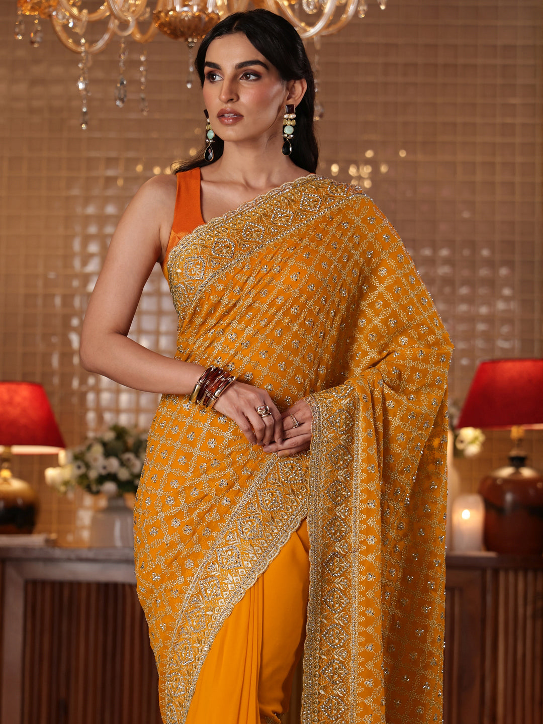  Mustard Floral Embroidered Satin Saree 