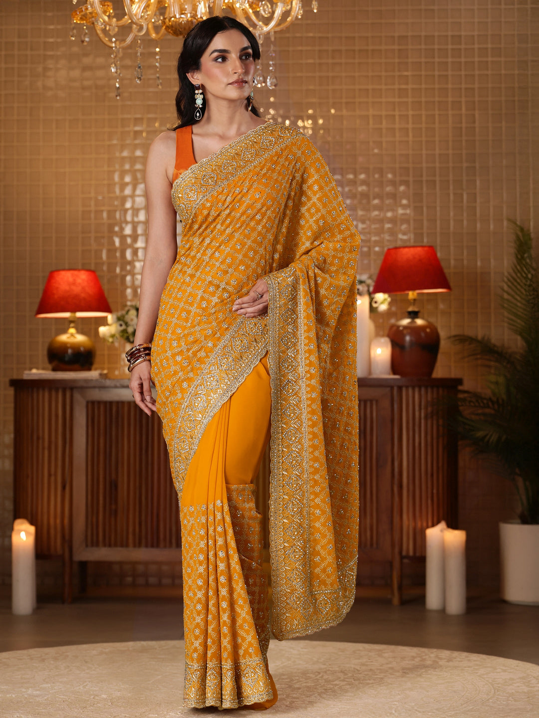  Mustard Floral Embroidered Satin Saree 