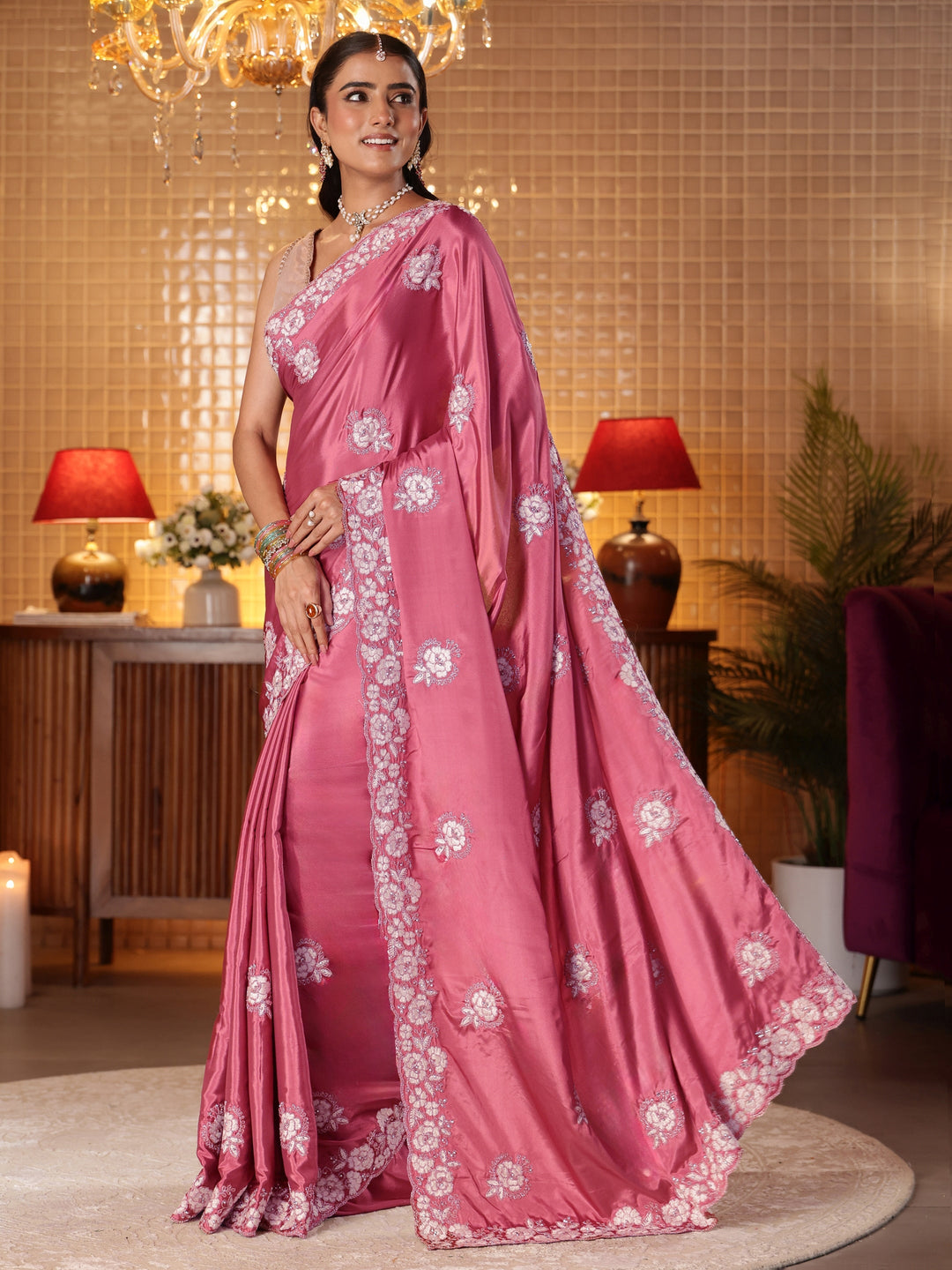  Mauve Floral Embroidered Satin Saree 
