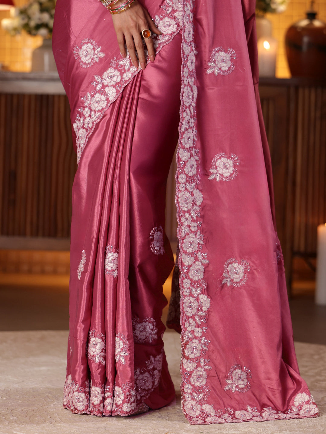  Mauve Floral Embroidered Satin Saree 
