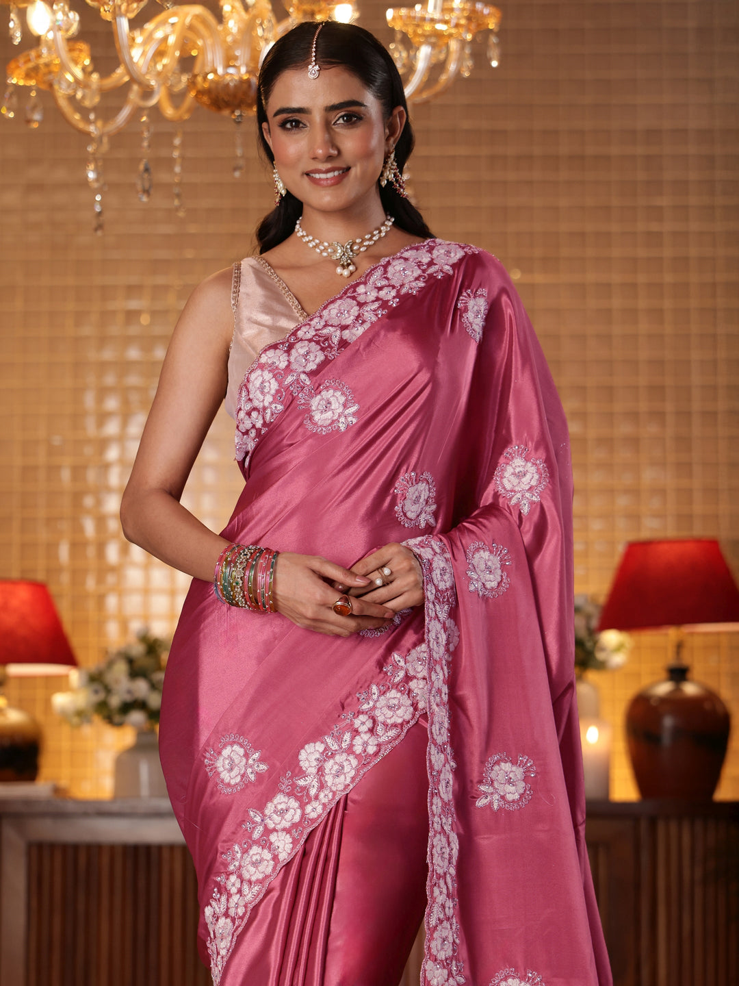 Mauve Floral Embroidered Satin Saree 