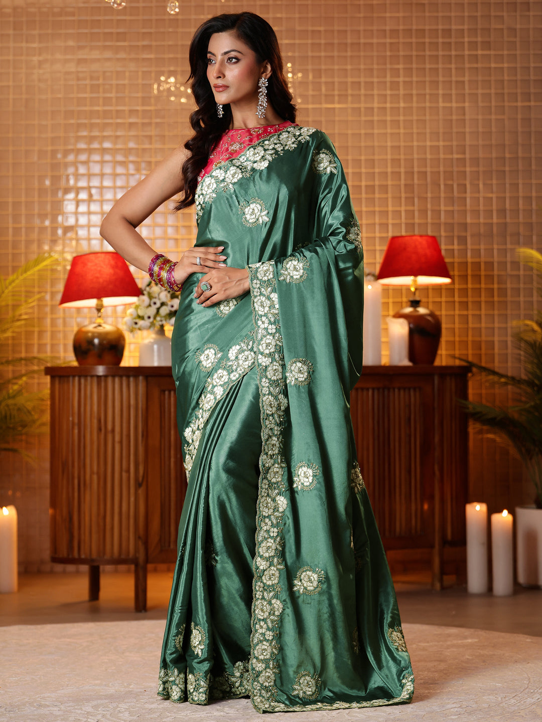  Green Floral Embroidered Satin Saree 