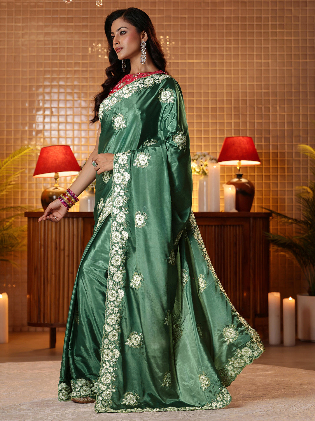  Green Floral Embroidered Satin Saree 