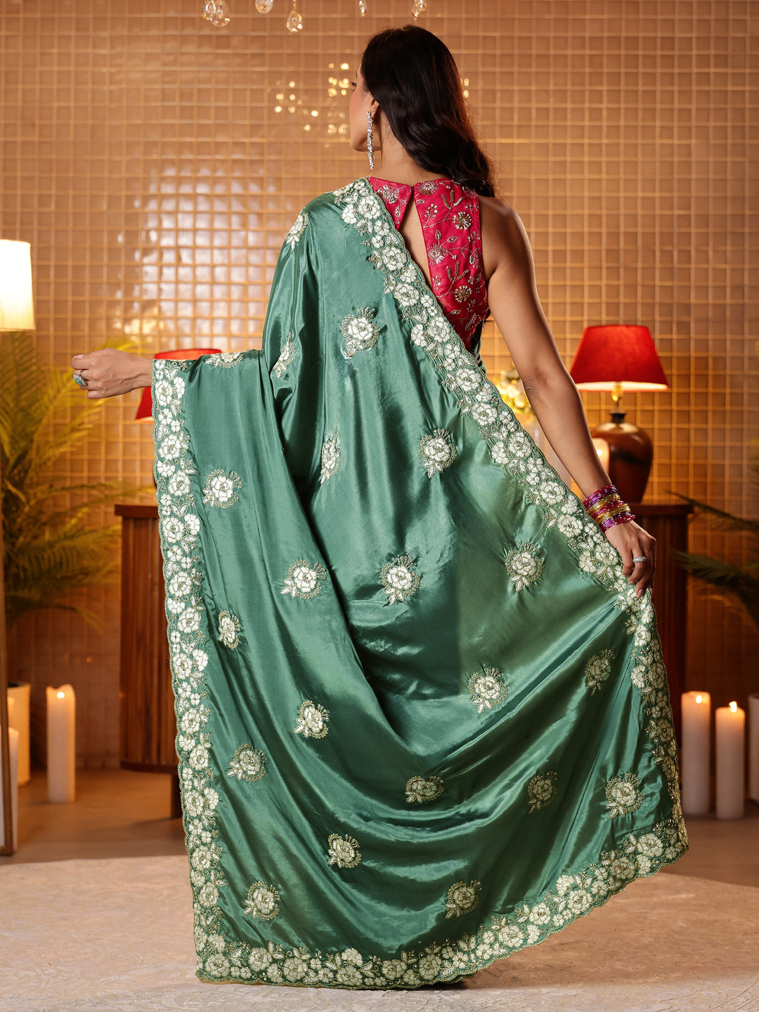  Green Floral Embroidered Satin Saree 