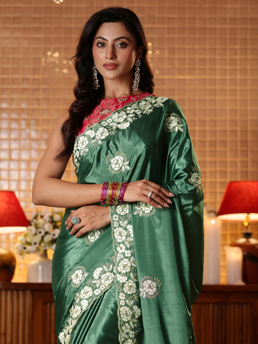  Green Floral Embroidered Satin Saree 