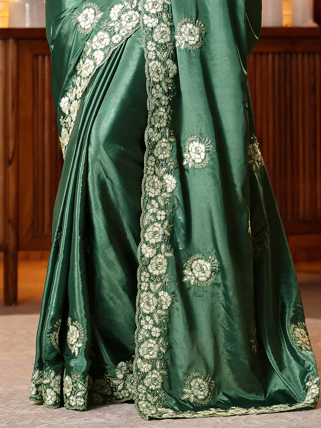  Green Floral Embroidered Satin Saree 