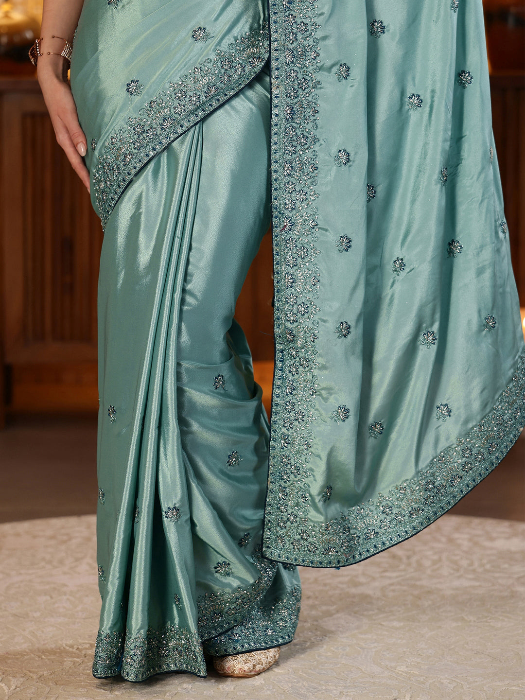  Dusty Aqua Blue Floral Embroidered Satin Saree 
