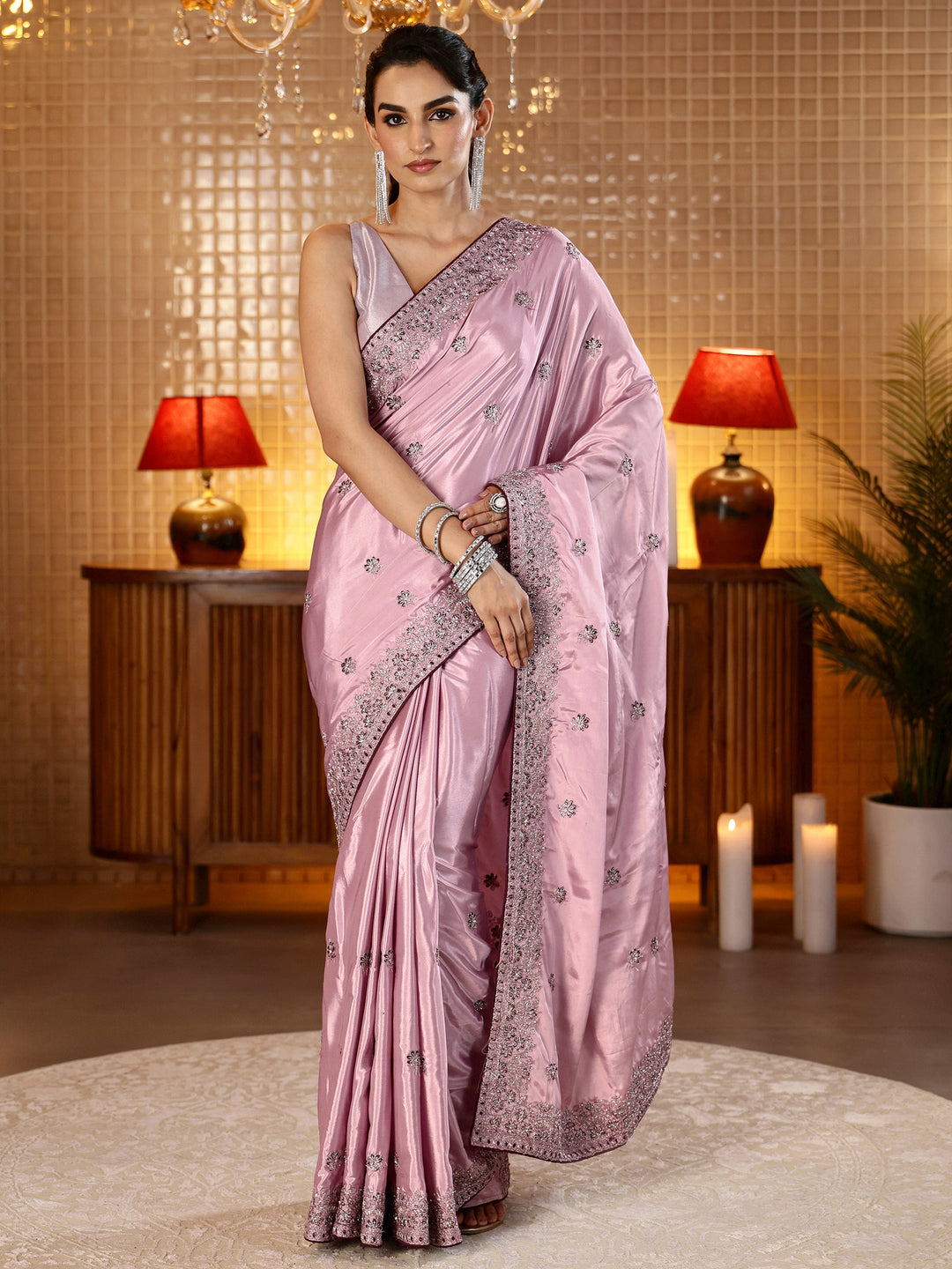  Dusty Rose Pink Floral Embroidered Satin Saree 