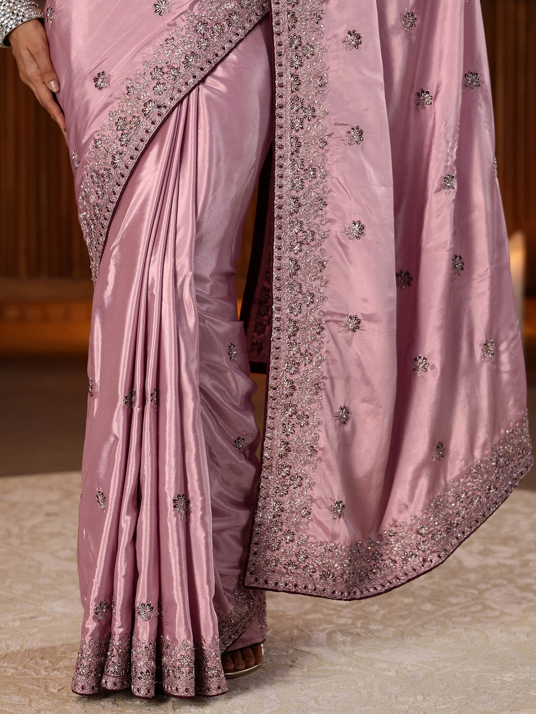  Dusty Rose Pink Floral Embroidered Satin Saree 