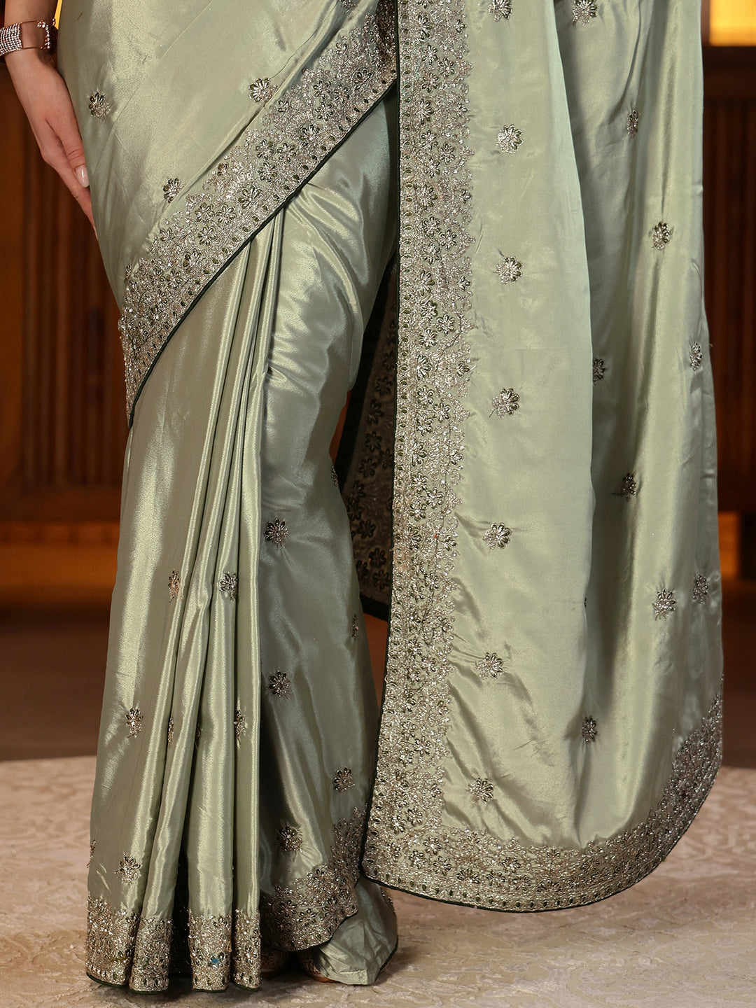  Sage Green Floral Embroidered Satin Saree 
