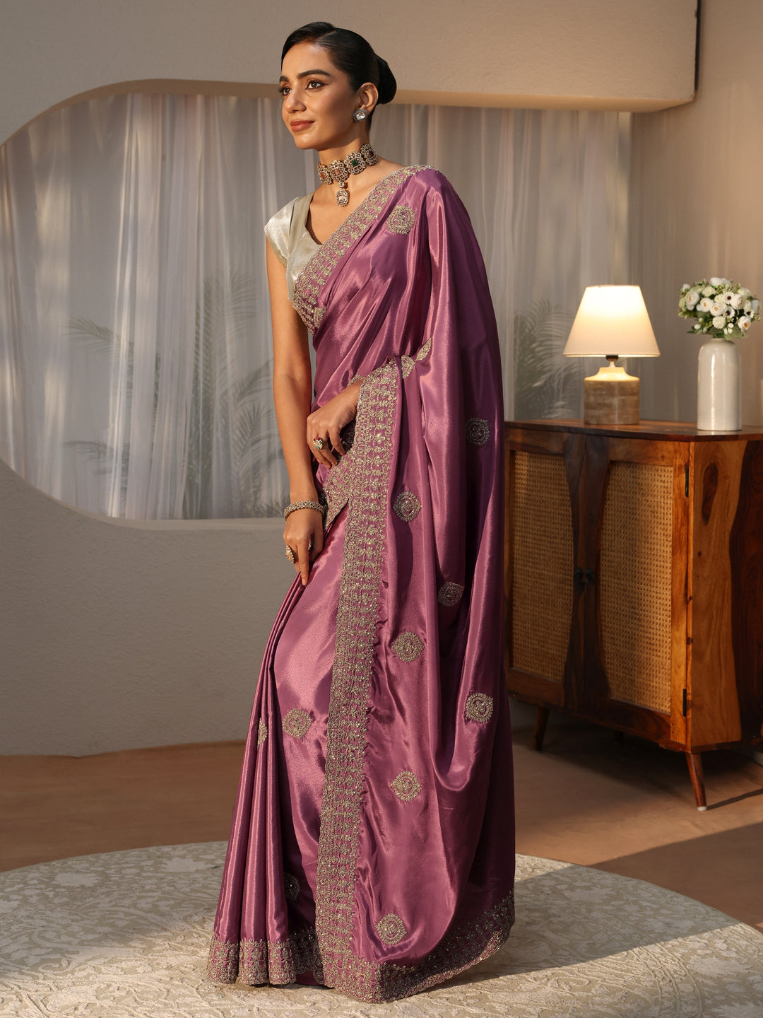  Mauve Ethnic Embroidered Satin Saree 