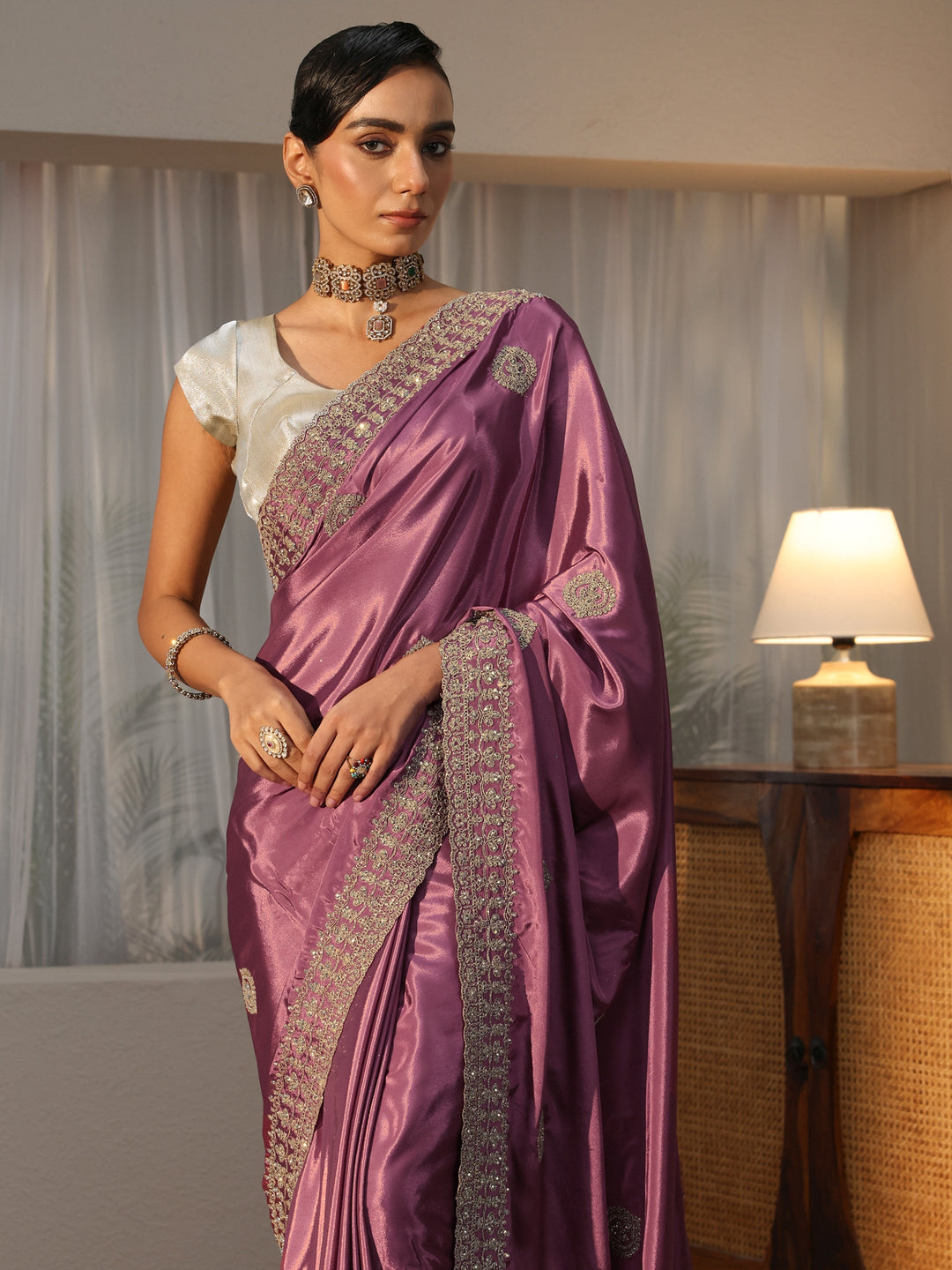 Mauve Ethnic Embroidered Satin Saree 