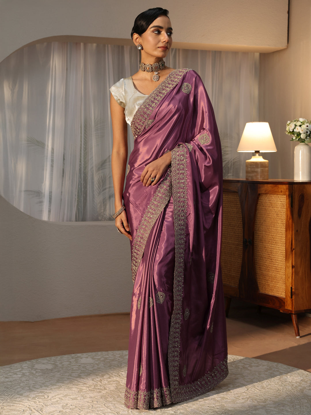  Mauve Ethnic Embroidered Satin Saree 