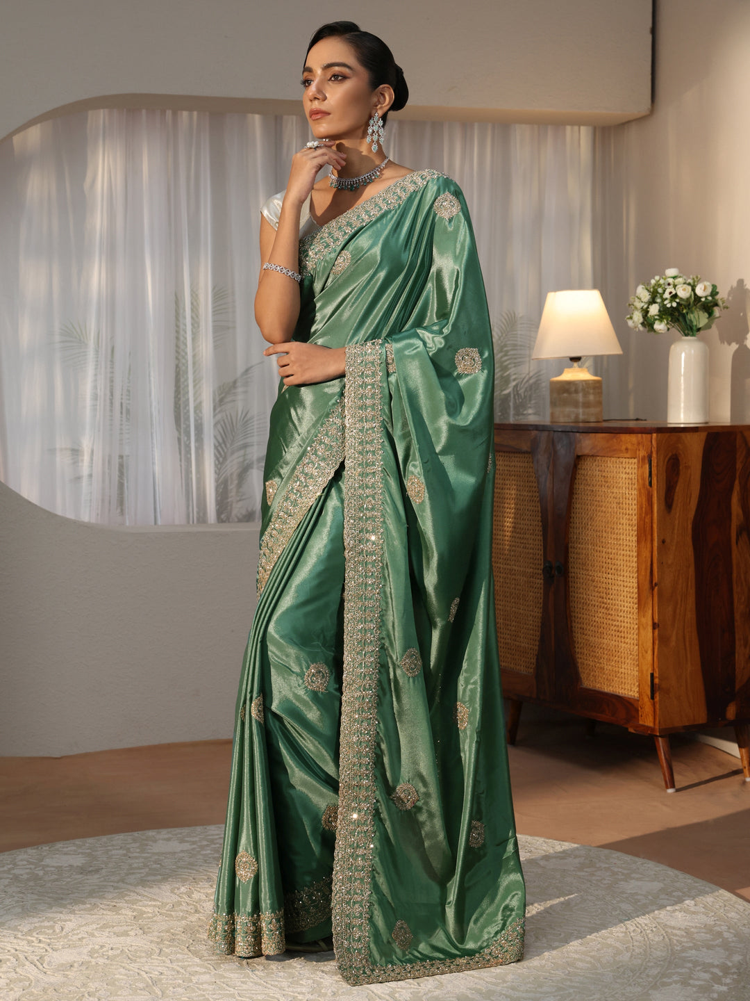  Sage Green Ethnic Embroidered Satin Saree 