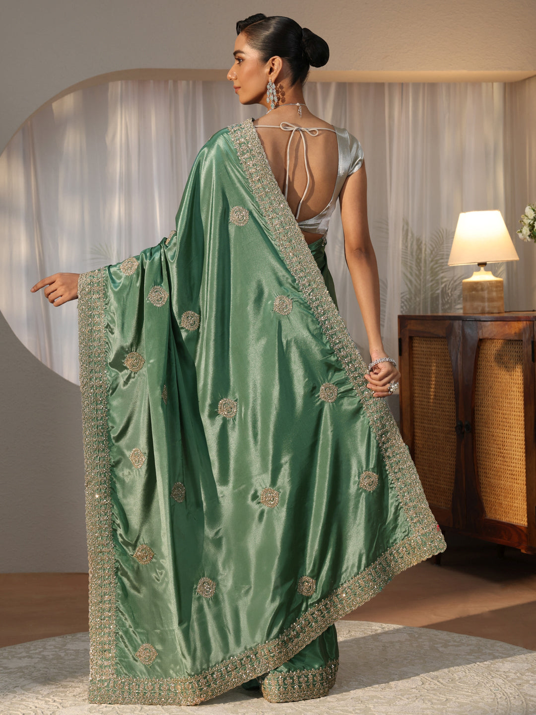  Sage Green Ethnic Embroidered Satin Saree 