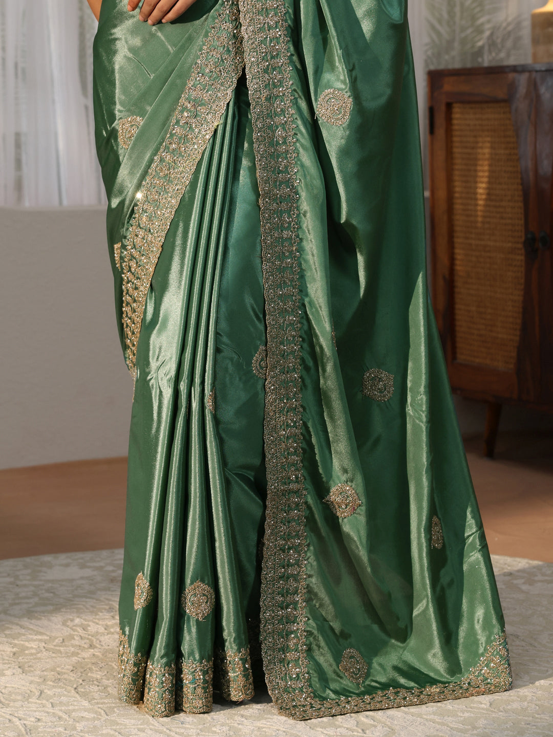  Sage Green Ethnic Embroidered Satin Saree 
