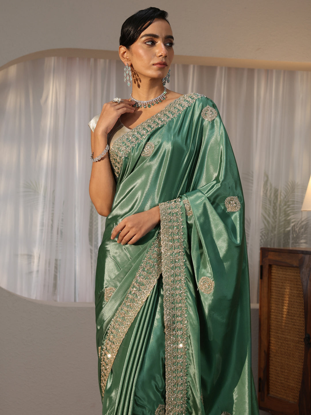  Sage Green Ethnic Embroidered Satin Saree 