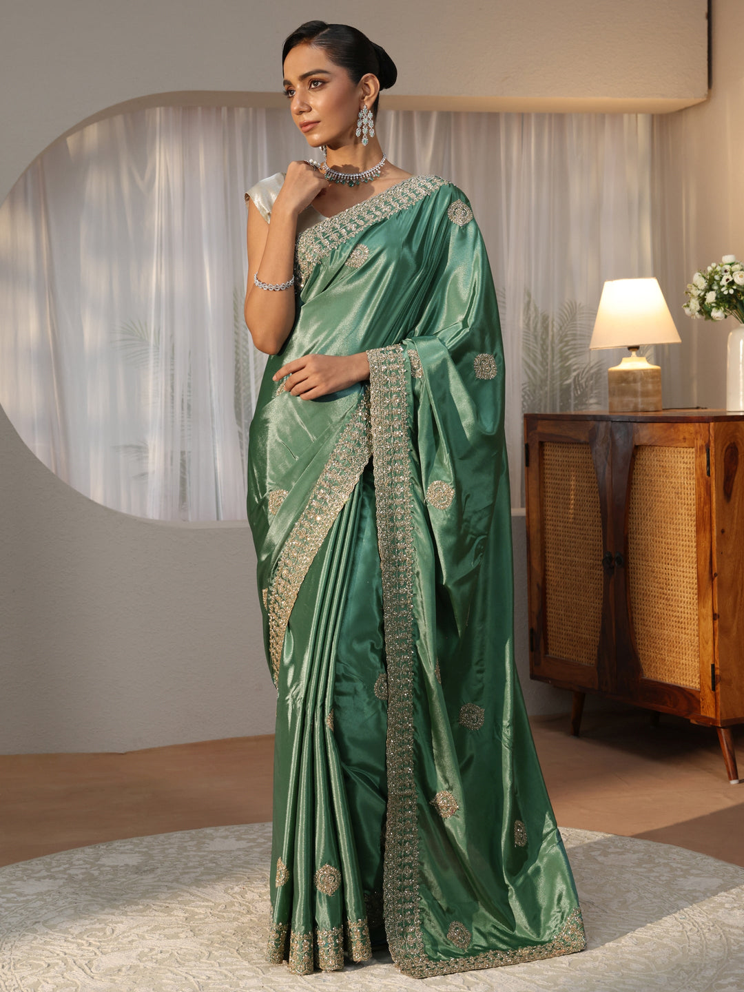  Sage Green Ethnic Embroidered Satin Saree 