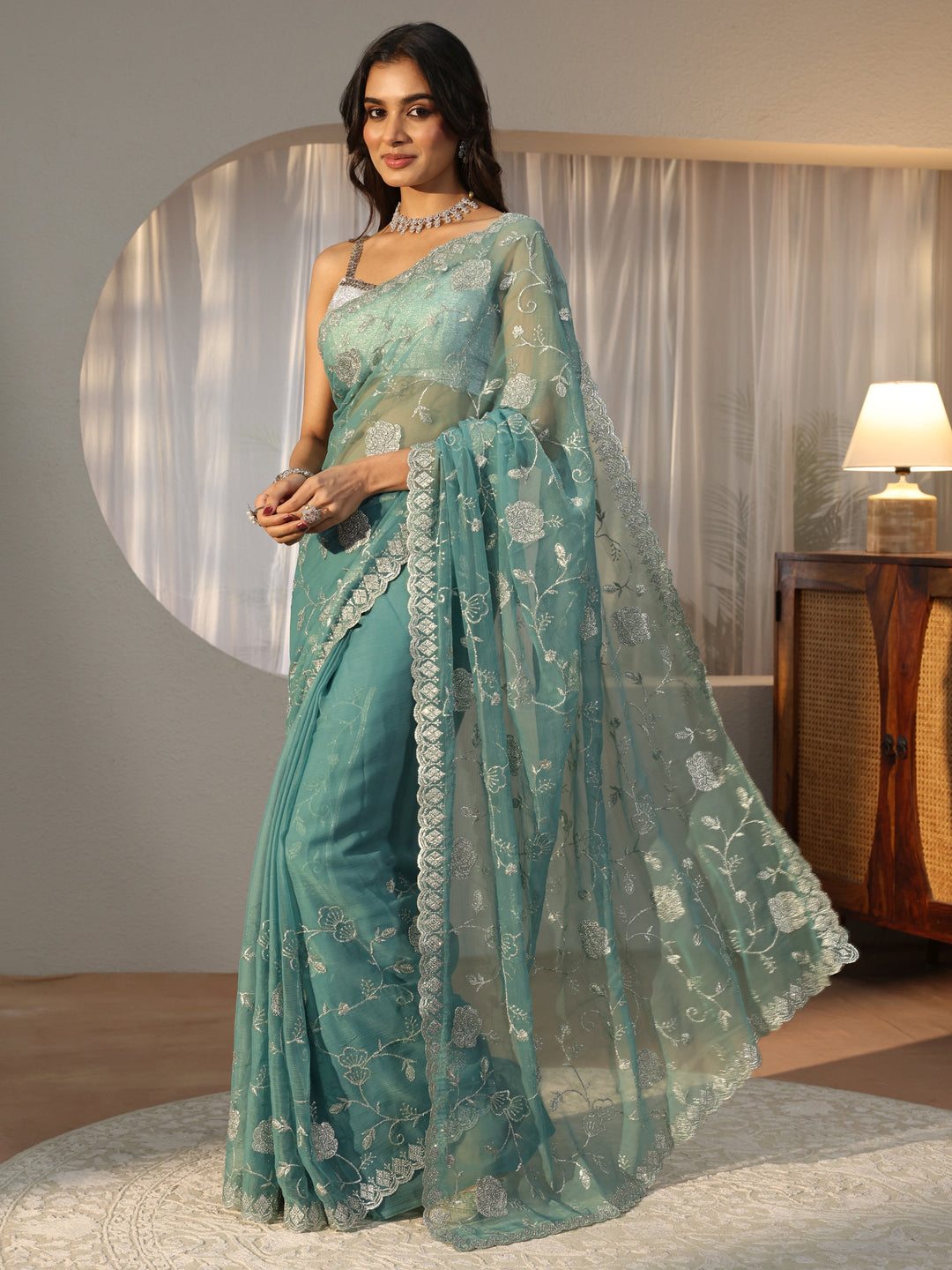  Powder Blue Floral Embroidered Chiffon Saree 