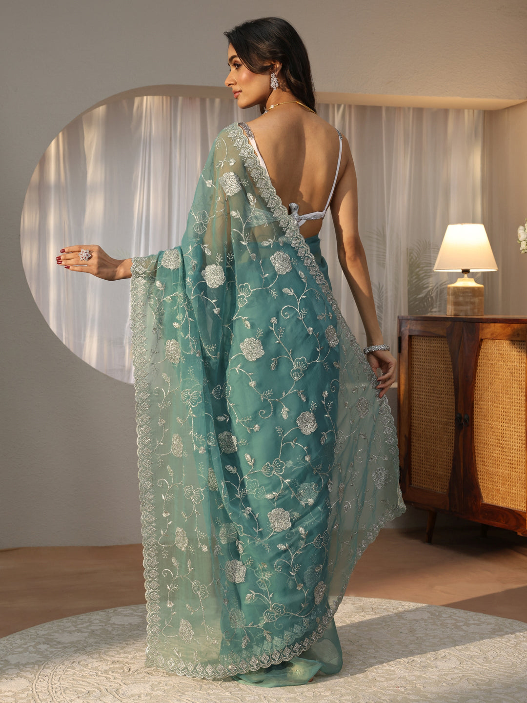  Powder Blue Floral Embroidered Chiffon Saree 