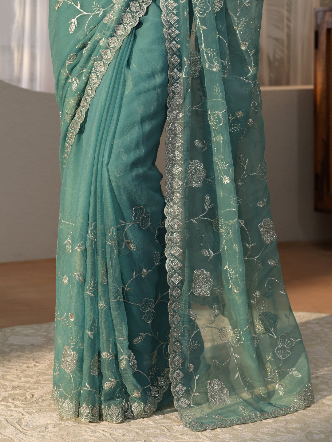  Powder Blue Floral Embroidered Chiffon Saree 