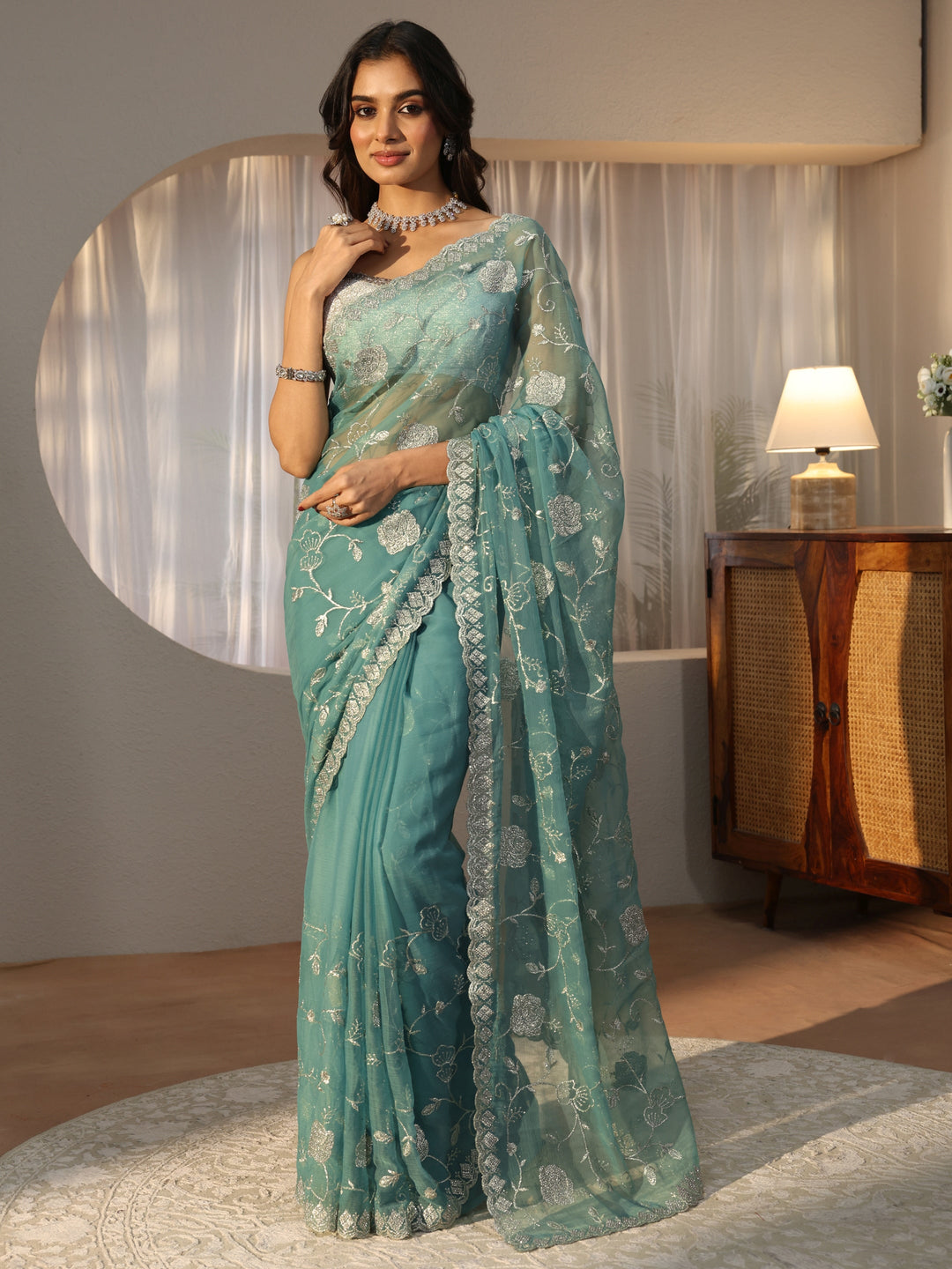  Powder Blue Floral Embroidered Chiffon Saree 