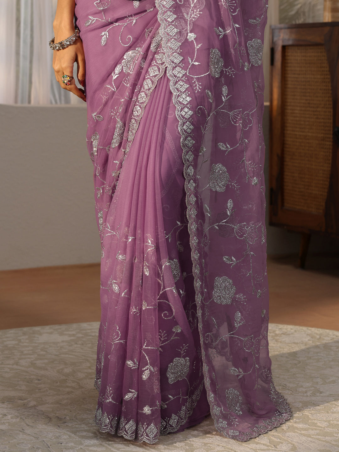  Lavender Floral Embroidered Chiffon Saree 