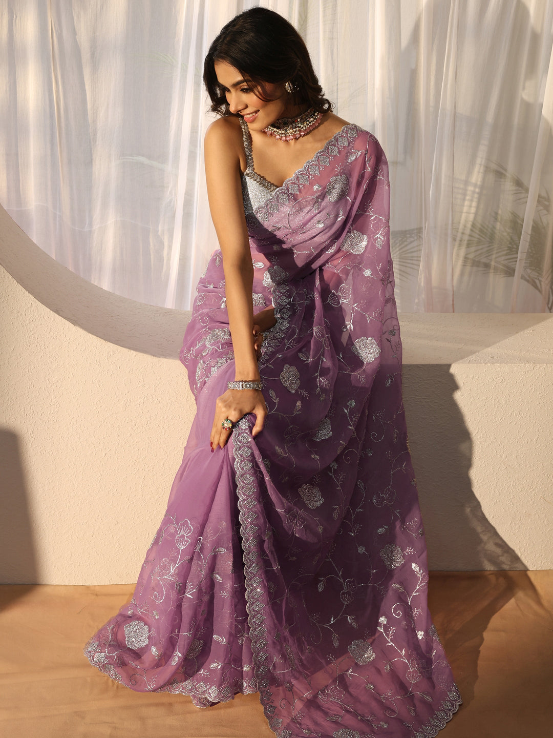  Lavender Floral Embroidered Chiffon Saree 