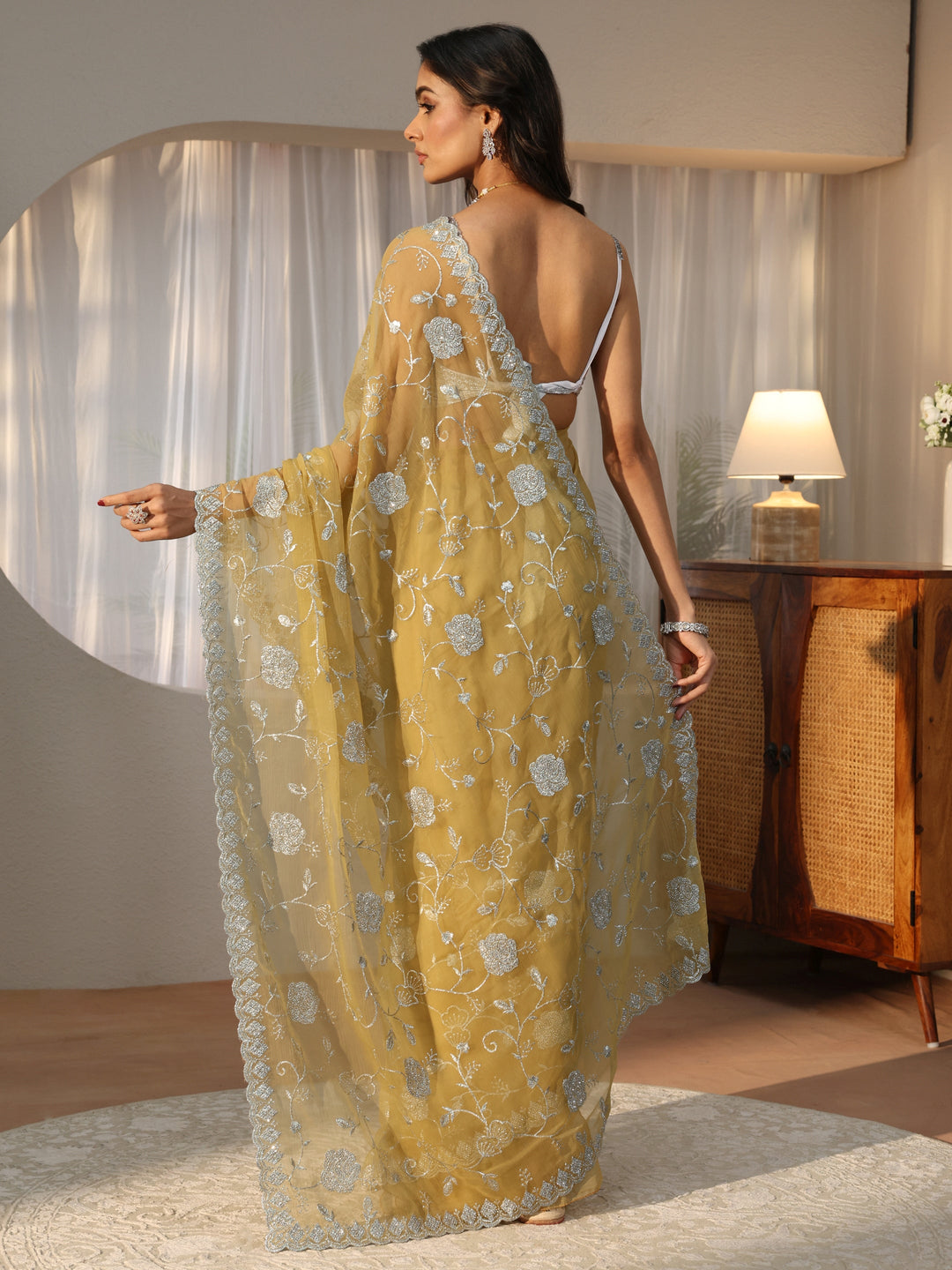  Yellow Floral Embroidered Chiffon Saree 