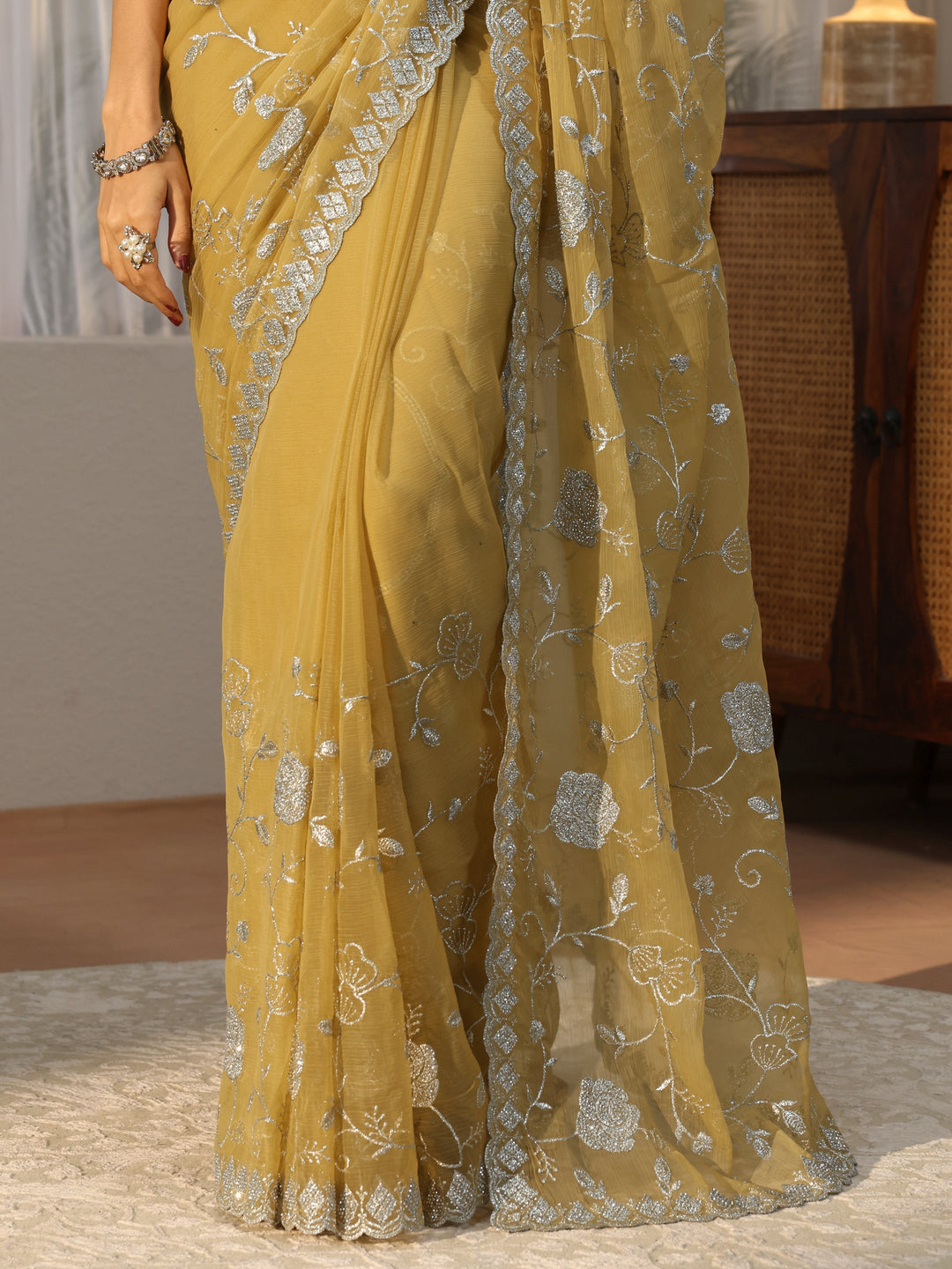  Yellow Floral Embroidered Chiffon Saree 